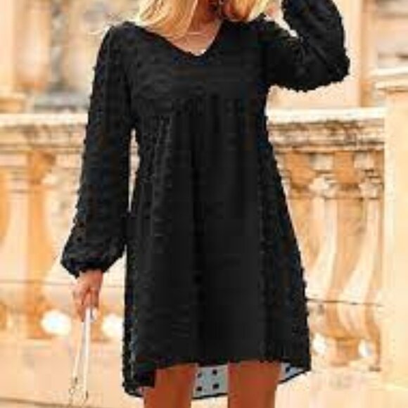 Black Babydoll Dress V Neck Swiss Dot Sheer Sleeves Size M - Picture 1 of 10